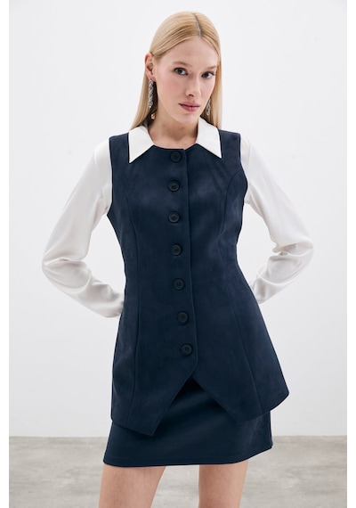 Sateen Düğmeli Uzun Süet Yelek - Lacivert-135510 Lacivert