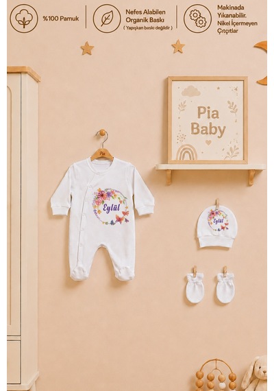 Pia Baby Kız Bebek İsimli %100 Pamuk Hastane Çıkışı 6 Parça Tulum Şapka Eldiven Hediye Seti 2058tybk0x Krem