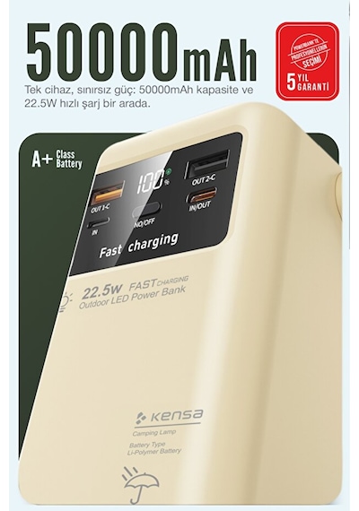 50.000 Mah Outdoor Led Işıklı Hızlı Şarj Powerbank Usb-c & Çoklu Cihaz Desteği Beyaz