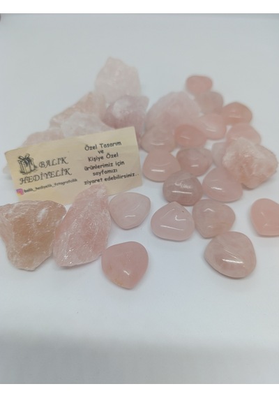Pembe Kuvars İkili Biblo Set Kalp Şeklinde Ve İşlenmemiş Ham Hali-1001/balık Hediyelik 02