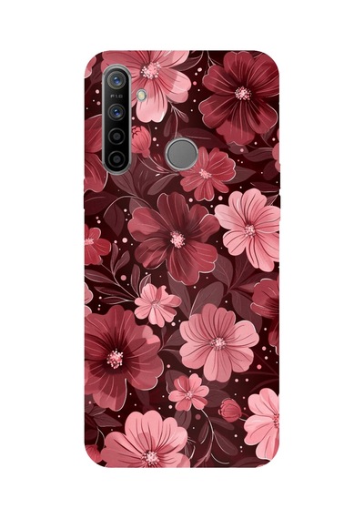 Realme 5i - 6i - C3 Uyumlu Pembe Ve Bordo Çiçek Desenli Baskılı Silikon Kılıf