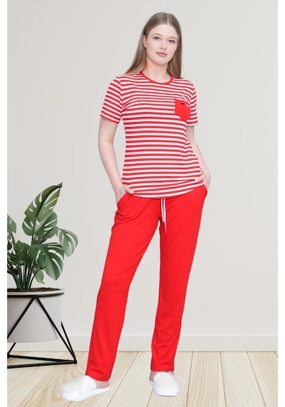 Mecit Pijama Mecit 6202 Kırmızı Çizgili Büyük Beden Kadın Pijama Takımı Kırmızı