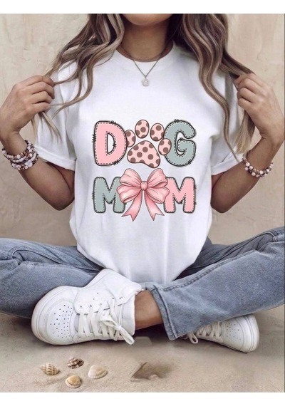 Kadın Dog Mom Baskılı Pamuklu T-shirt Beyaz