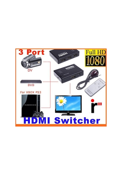 Ir Alicili Hdmi Çoklayıcı 3 Port Switch 4678P Kumanda Çoklu Cihaz