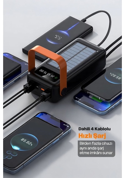 Powerbank 80.000 Mah Güneş Enerjili Solar Dijital Göstergeli El Fenerli Taşınabilir Batarya Siyah