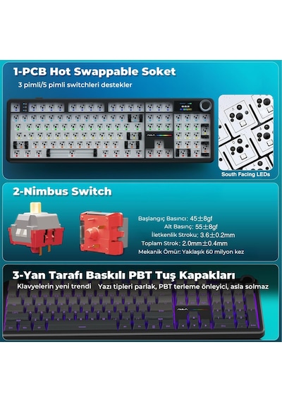 Aula F108 Pro Ekranlı Mekanik Klavye Zephyr Switch Rgb Hot Swap 8000mah Makrolu Oyuncu Klavyesi Gri