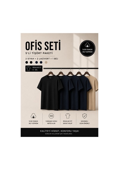 Masion Rae Erkek 5'li Basic Tişört Seti Regular Fit Bisiklet Yaka %100 Pamuk 30/1 Süprem Siyah-siyah-lacivert-lacivert-bej
