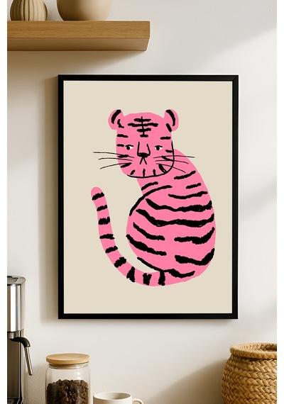 Pembe Leopar Ahşap Çerçeveli Poster, Dekoratif Hayvan Duvar Tablosu