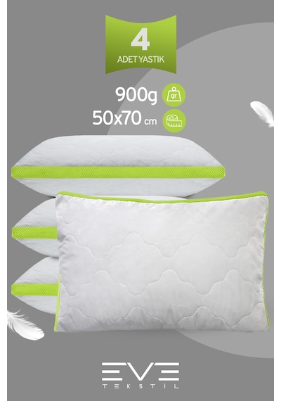 4 Adet Yeşil Serisi Kılıflı Fermuarlı Klimali Antialerjik Silikon Nano Elyaf Yastık 50x70cm Beyaz