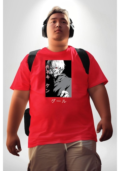Angemiel Kaneki Ken Kuma Japon Anime Şeytan Kırmızı Büyük Beden Erkek Kadın Unisex Basic Ön Baskılı Tişört Kırmızı