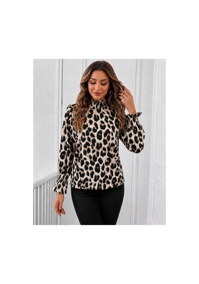 Butik İstanbul Kadın Uzun Kollu Balıkçı Yakalı Desenli Modal Bluz Leopar