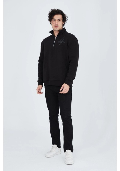 Barlashive Erkek Yarım Fermuarlı Baskılı 3 İplik Pamuklu Sweatshirt - Siyah Çok Renkli