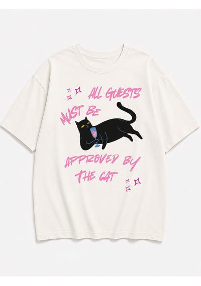 Montree Kedi Guests Baskılı Oversize %100 Pamuk Premium T-shirt Beyaz