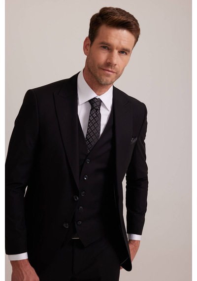 Erkek Siyah Slim Fit Yelekli Sivri Yaka Takım Elbise