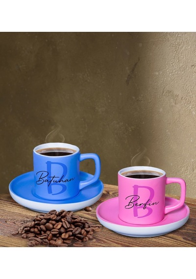 Bk Gift Kişiye Özel İsimli Pembe Ve Mavi Renk İkili Türk Kahvesi Fincan Seti-101, Ev Hediyesi, Arkadaşa Hediye, Doğum Günü Hediyesi