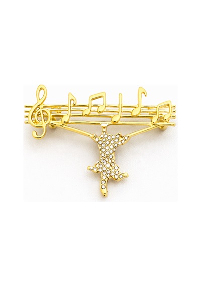 Sol Anahtarı Ve Nota Figürlü Gold Metal Broş Taş Detaylı Müzik Temalı Tasarım Açık Gri