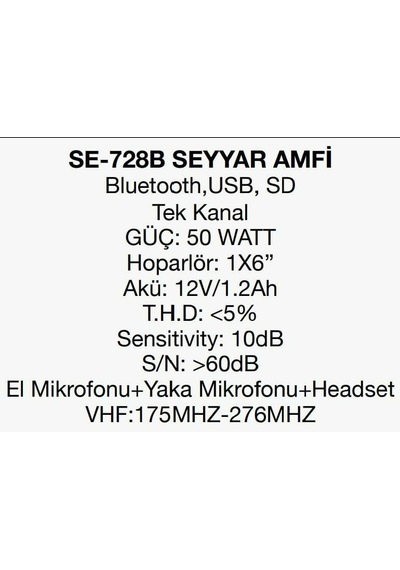 Fav Se-728-bt-usb Tek Kanal 1 El 1 Yaka+kafa Seçeneği 50 Watt Şarjlı Seyyar Anfi