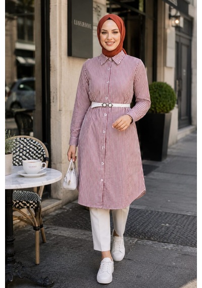 Hb Harma Time Butik Kadın Çizgi Desenli Kemerli Keten Mor Gömlek Mor Mor