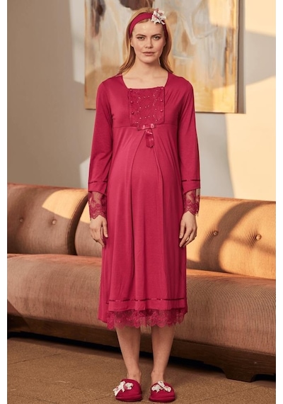 Mecit Pijama Mecit 5209 Efuşya Dantel Kol Detaylı Hamile Lohusa Gecelik