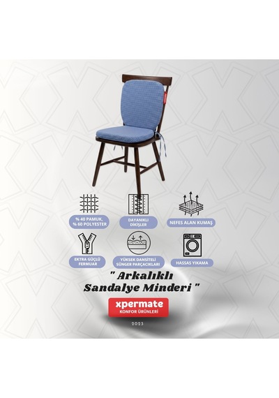 Pötikare Sırtlıklı Sandalye Minderi 42x42 Fermuarlı Yıkanabilir Kılıf Bağcıklı Minder Standart Fit Mavi