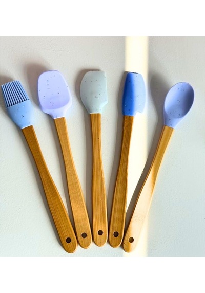 Ayrex Meturas Mutfak Bambu Silikon Isıya Dayanıklı Kaşık Kepçe Takımı 5 Li Set Spatula & Fırça Mavi