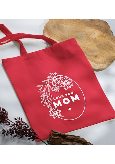 Bk Gift Anneler Günü Tasarımlı Kırmızı Kumaş Bez Çanta, Baskılı Omuz Çantası, Alışveriş Çantası, Anneler Günü Hediyesi, Anneye Hediye-4 Kırmızı