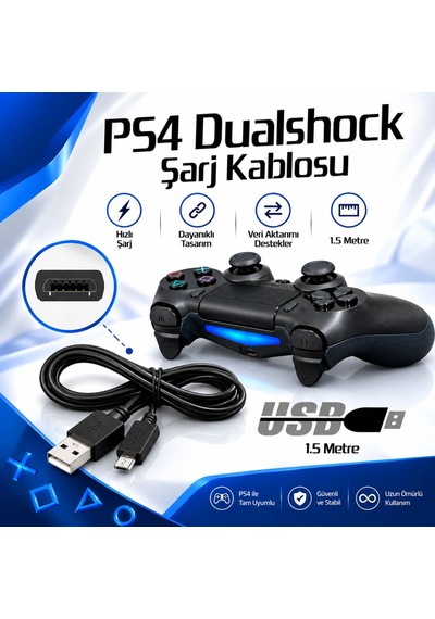Ps4 Dualshock Şarj Kablosu 1.5 Metre Micro Usb Oyun Kolu Şarj Ve Data Aktarım Kablosu
