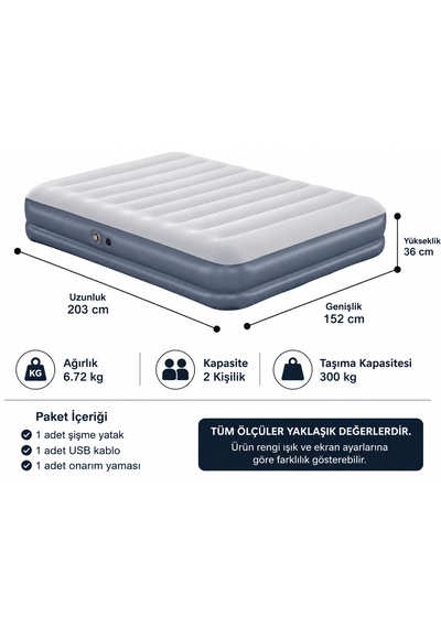 Çift Kişilik Şişme Yatak 203x152x36 Cm Usb Şarjlı Dahili Pompalı Hava Yatağı 300 Kg Taşıma Kapasiteli Gri