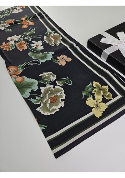 Miorel Scarfs Yeni Sezon Çiçek Desen Vual İpek Şal Fular Silk Scarfs Shawl Hijab Siyah