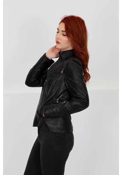M M Marki Marki Sportif Deri Ceket, Hakiki Siyah Deri Ceket, Fit Kesim, Hakim Yaka Kadın Mont, Fermuar Detay- 102822