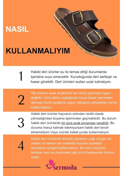 Sermoda Hakiki Deri Erkek Terlik Çift Cırt Bantlı Ortopedik Rahat Taban Günlük Terlik Tm Kahve