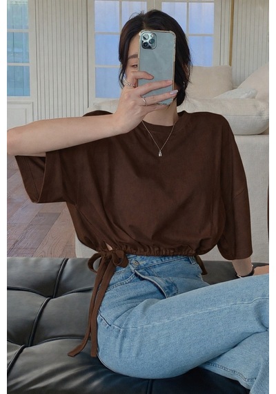 Kadın Oversize Basic Haki Tişört Yan Bağlamalı Rahat Kesim Günlük Yazlık T-shirt Kahverengi