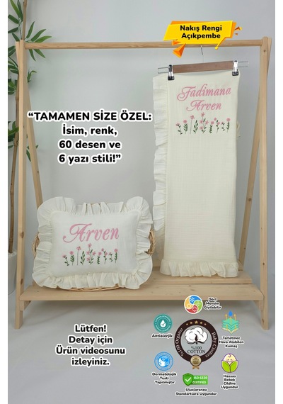 Gros Shop Müslin Yeni Doğan 4katlı Organik %100pamuk Kişiye Özgü Nakışlı Hastane Çıkış Seti Çoklu Papatya Ekru