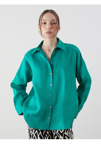 Lcw Vision Yeşil Oversize %100 Keten Kadın Gömlek