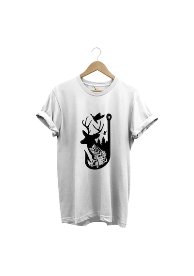 Avcılık Hunter Outdoor Geyik Balık Çulluk Baskılı %100 Pamuk Regular Fit Beyaz T-shirt Beyaz