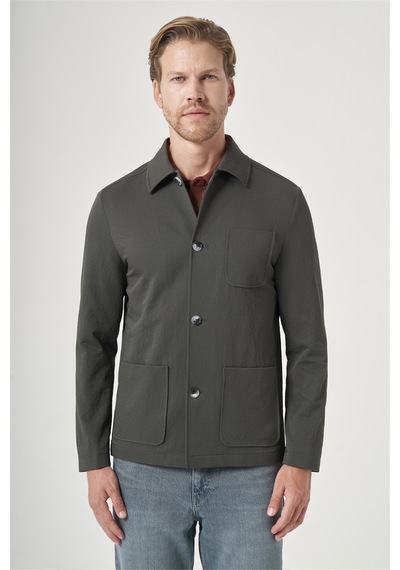İmza Haki Berberi Yaka Çizgili Desen Gofreli Slim Fit Casual Mont 1007260153