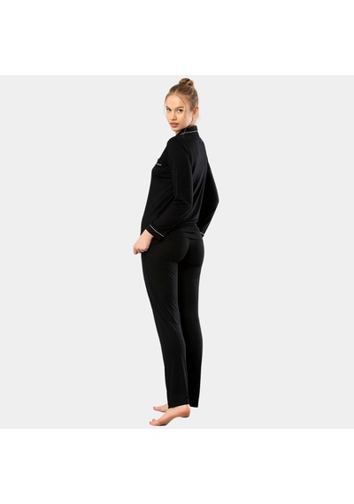 Düz Uzun Kollu Gömlek Yaka Pijama Takım 3365/siyah Çok Renkli