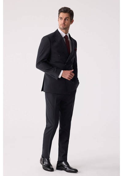Erkek Lacivert Çizgili Slim Fit %100 Yün Çizgili Kruvaze Takım El