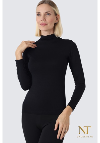 Nt Underwear Kadın Bambu Balıkçı Yaka Uzun Kol Body Hafif, Rahat Ve Şık Siyah