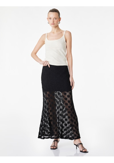 Koton Yarım Astarlı Slim Fit Midi Dantel Etek Siyah 6sak10007ek