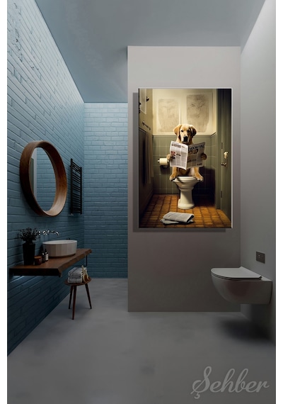 Dekoratif Dikey Kanvas Tablo Tekli Ev Kafe Ofis Banyo Tuvalet Gazete Okuyo Golden Retriever 2062