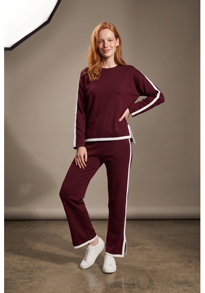 Soulshae Kadın Dabıl Örme Bisiklet Yaka Uzun Kollu Yan Şeritli Bluz & Pantolon Takım Bordo