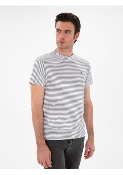 Siyah Slim Fit Bisiklet Yaka Çizgili T-shirt Beyaz