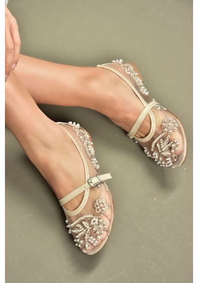 Fox Shoes Y726330115 Bej İnci Detaylı File Kadın Babet