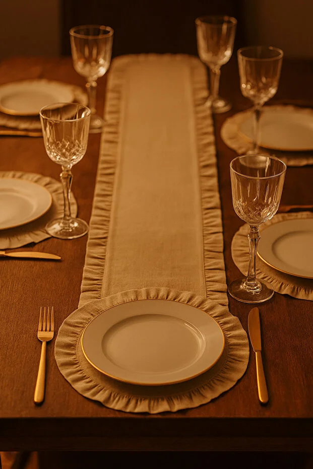 Yunusoğlu Home Fırfırlı Runner Ve Supla Takımı - Masa Örtüsü Takımı 7 Parça 150x50 Cm Bej
