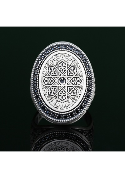 925 Ayar Gümüş Ay Yıldız Motifli Kalem İşlemeli Erkek Yüzük Silver