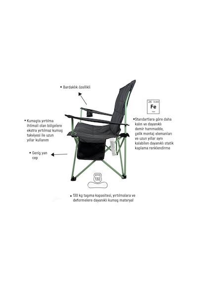 Platan Chair Ones-ll Katlanır Kamp Piknik Sandalyesi - Koltuğu XL Gri