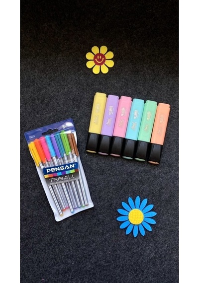Triball Tükenmez Kalem 8 Renk + Masis Pastel Renk Fosforlu Işaretleme Kalemi 6 Lı Set Karışık