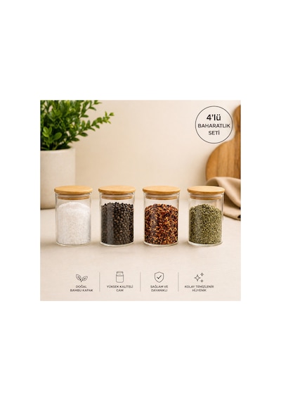 4 Adet Bambu Vakum Kapaklı 250 Ml Cam Baharatlık Set Diğer