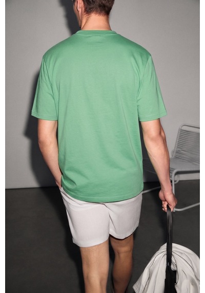 Grımelange Solo Erkek Organik Pamuklu Kalın Dokulu Comfort Fit Bisiklet Yakalı Lime T-shirt Yeşil